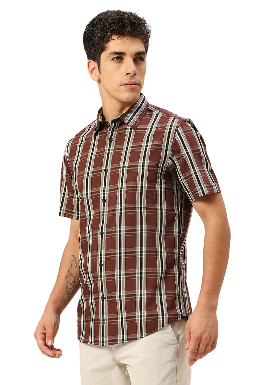 BASICS SLIM FIT FONDANT BROWN COTTON CAVALRY TWILL CHECKS HALFSLEEVES SHIRT