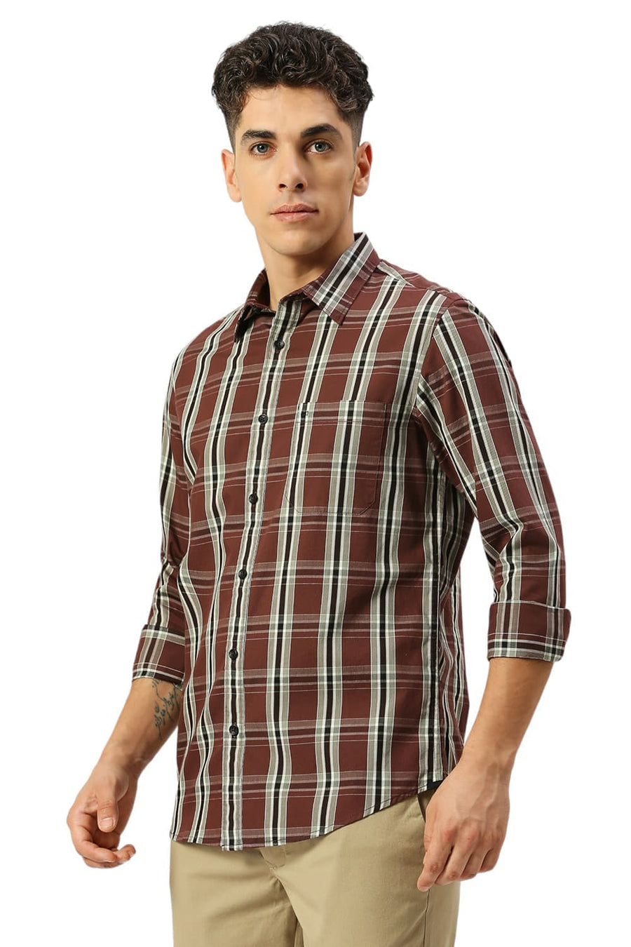 BASICS SLIM FIT FONDANT BROWN COTTON CAVALRY TWILL CHECKS SHIRT