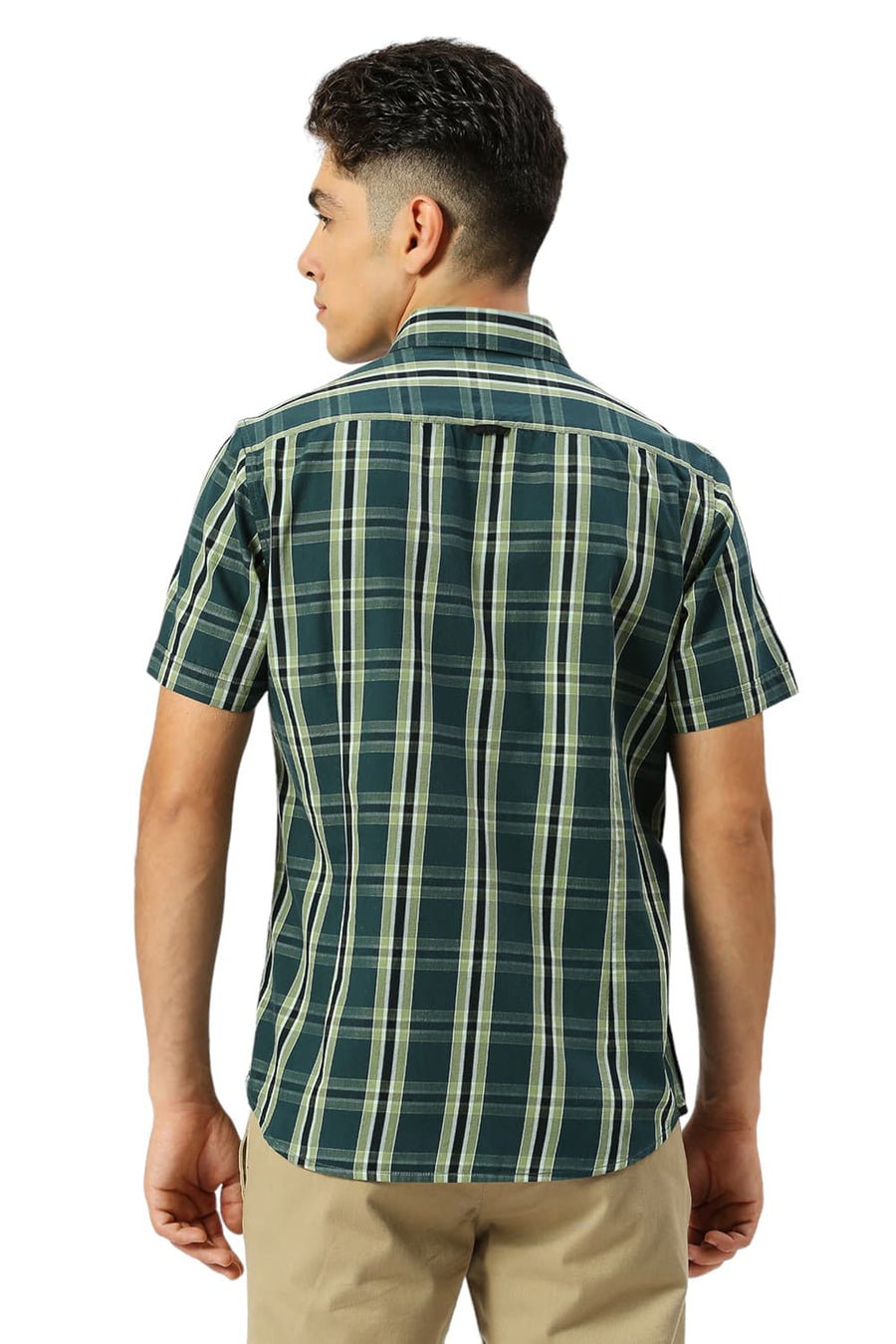 BASICS SLIM FIT PINE GREEN COTTON CAVALRY TWILL CHECKS HALFSLEEVES SHIRT