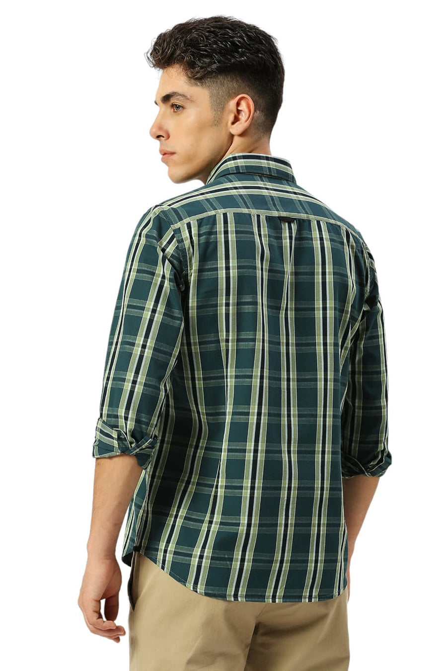 BASICS SLIM FIT PINE GREEN COTTON CAVALRY TWILL CHECKS SHIRT