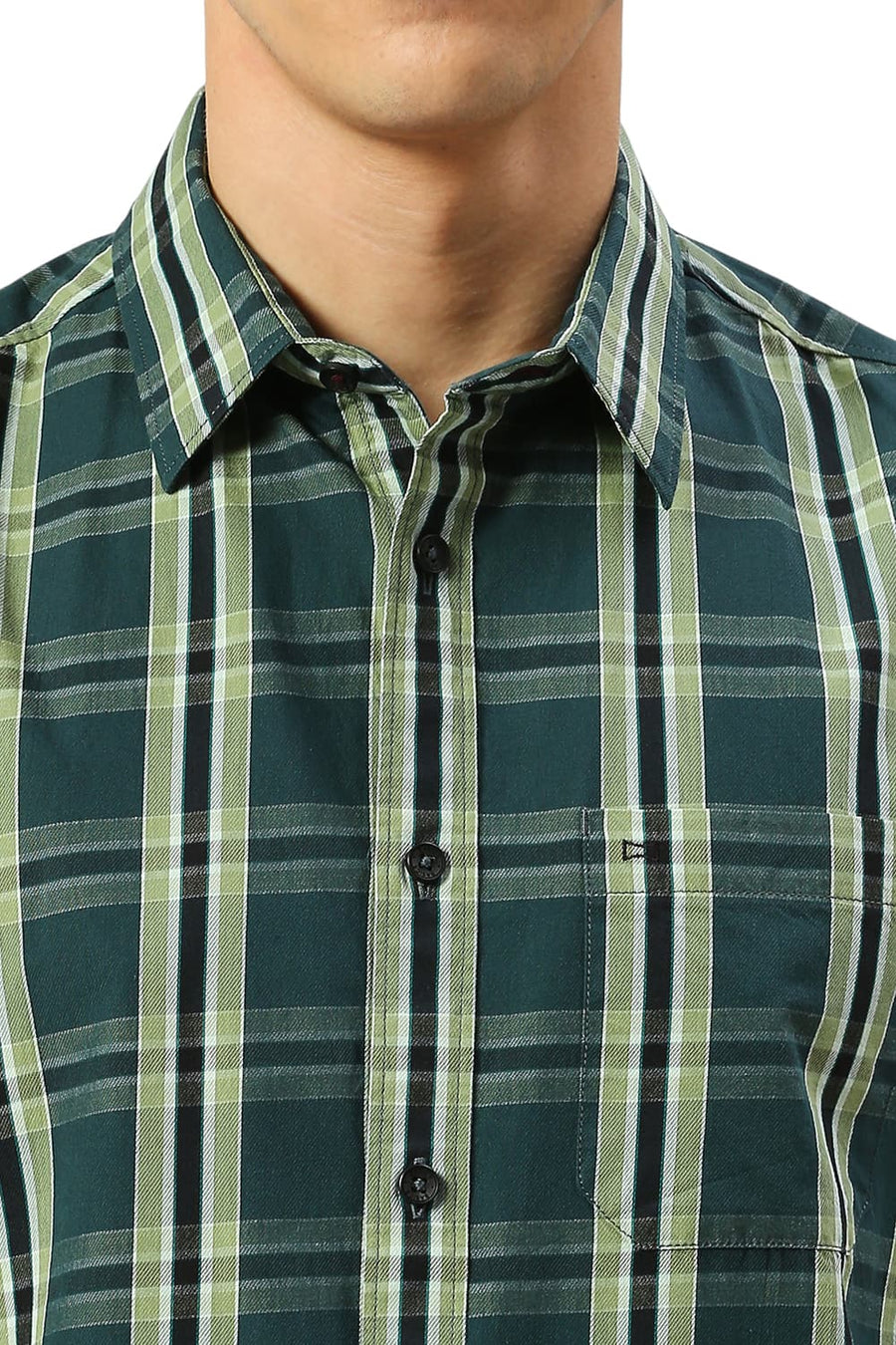 BASICS SLIM FIT PINE GREEN COTTON CAVALRY TWILL CHECKS HALFSLEEVES SHIRT