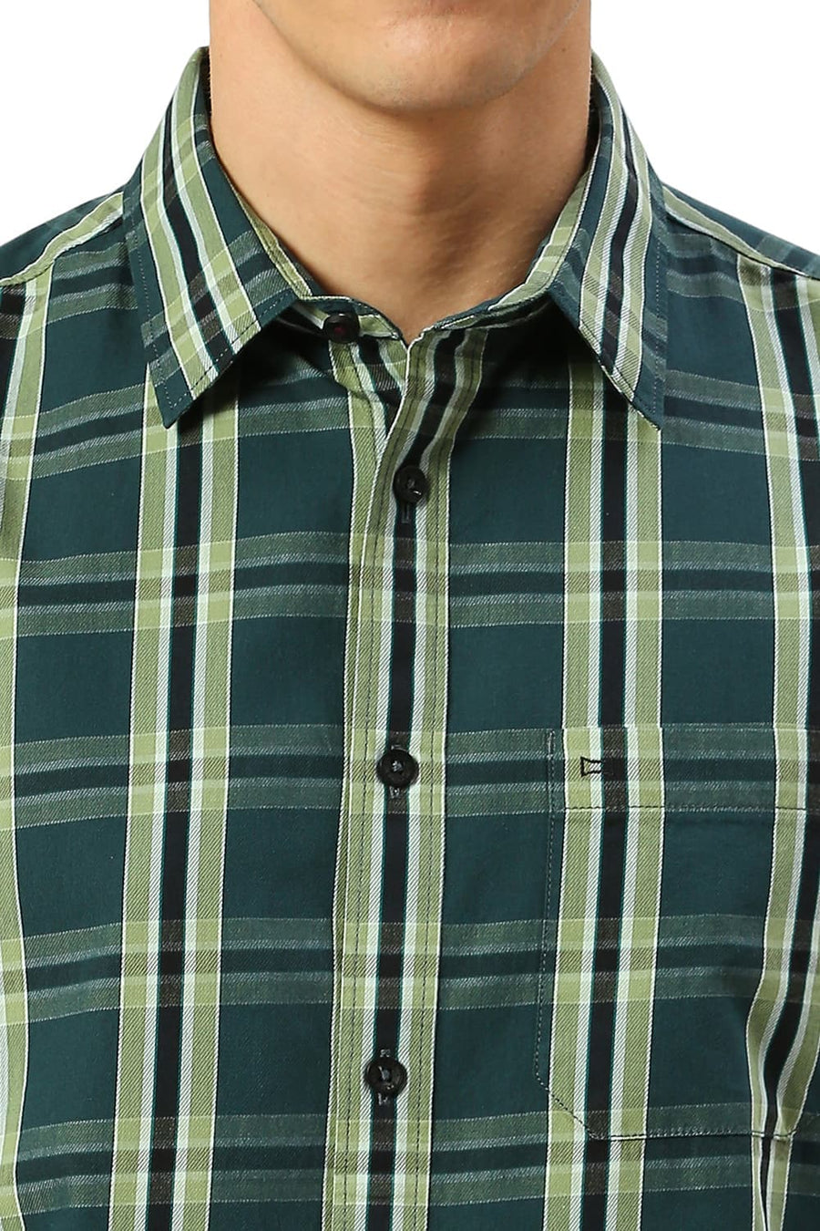 BASICS SLIM FIT PINE GREEN COTTON CAVALRY TWILL CHECKS SHIRT