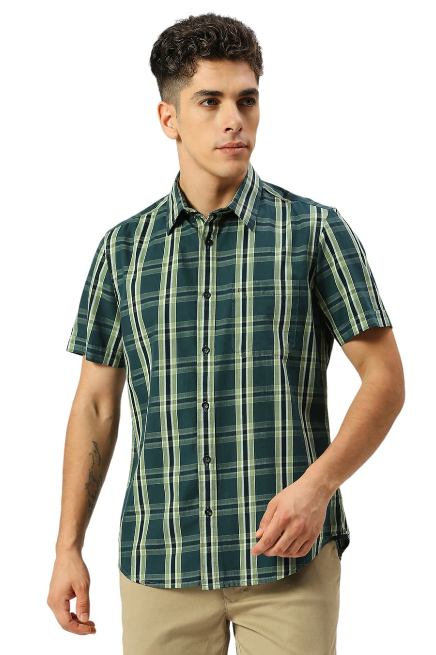 BASICS SLIM FIT PINE GREEN COTTON CAVALRY TWILL CHECKS HALFSLEEVES SHIRT