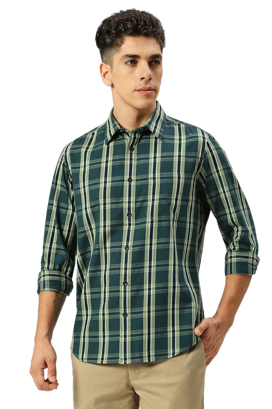 BASICS SLIM FIT PINE GREEN COTTON CAVALRY TWILL CHECKS SHIRT