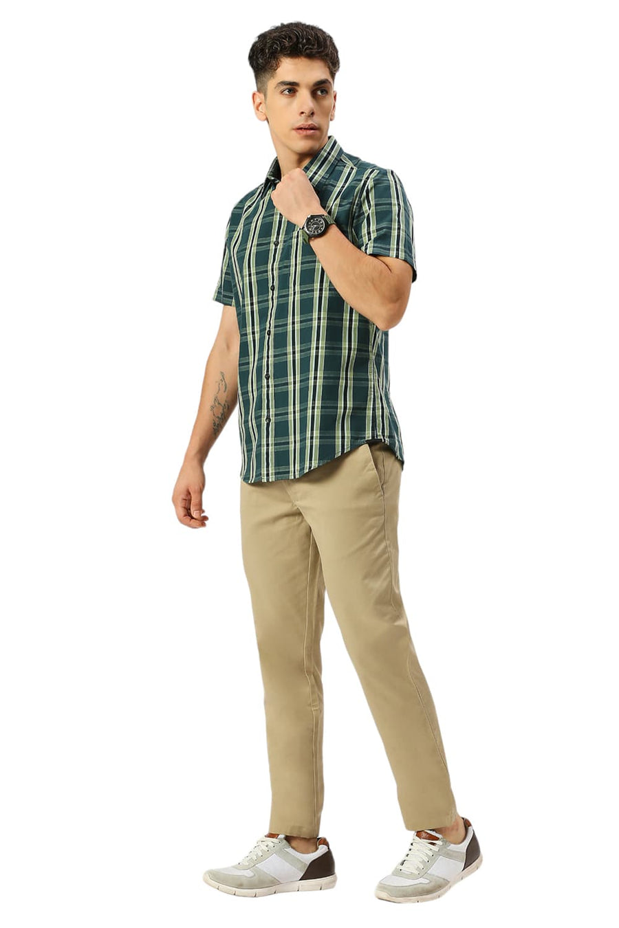 BASICS SLIM FIT PINE GREEN COTTON CAVALRY TWILL CHECKS HALFSLEEVES SHIRT