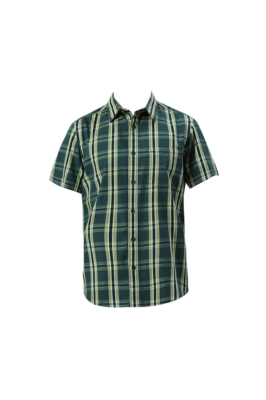 BASICS SLIM FIT PINE GREEN COTTON CAVALRY TWILL CHECKS HALFSLEEVES SHIRT