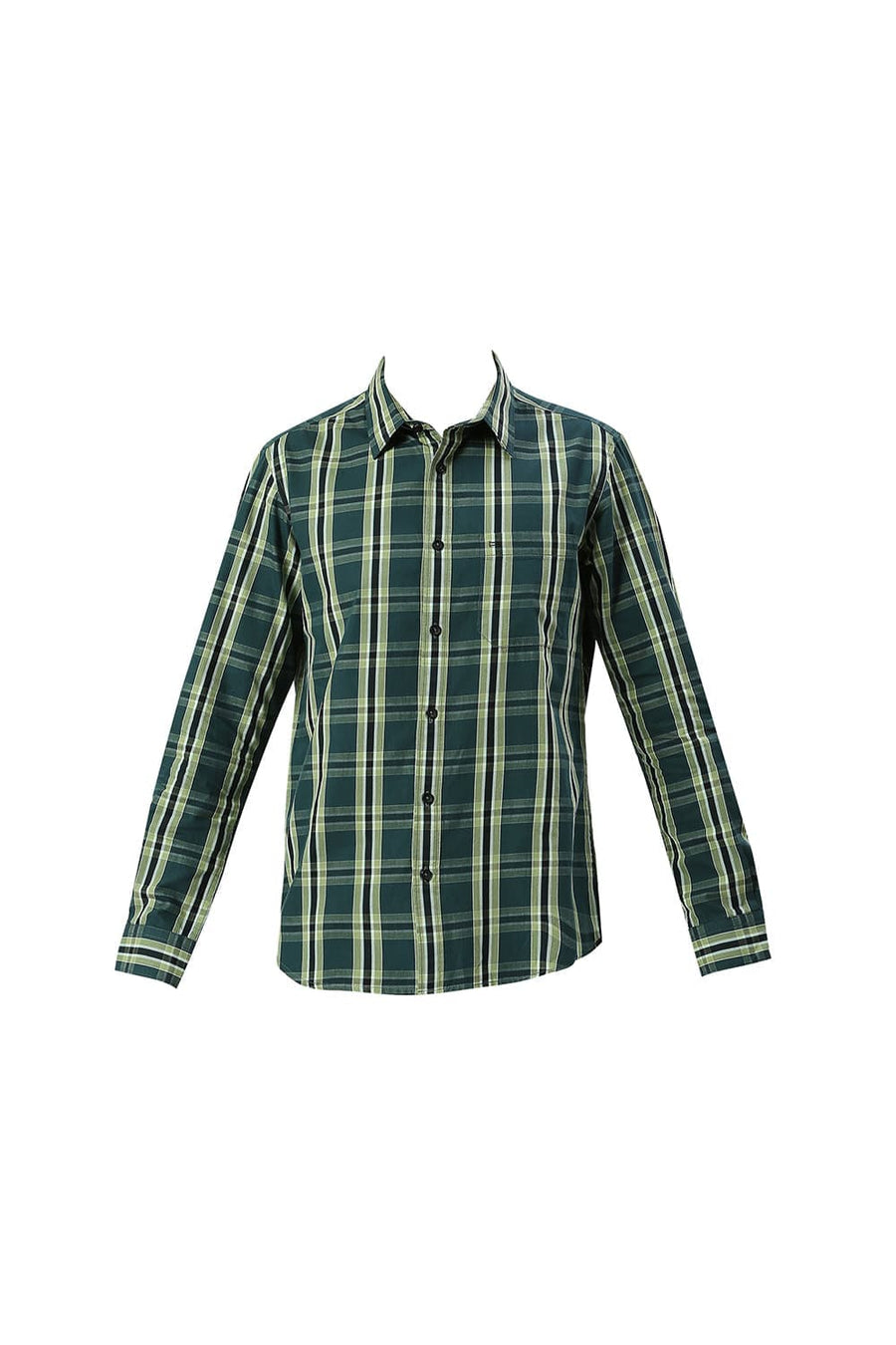 BASICS SLIM FIT PINE GREEN COTTON CAVALRY TWILL CHECKS SHIRT