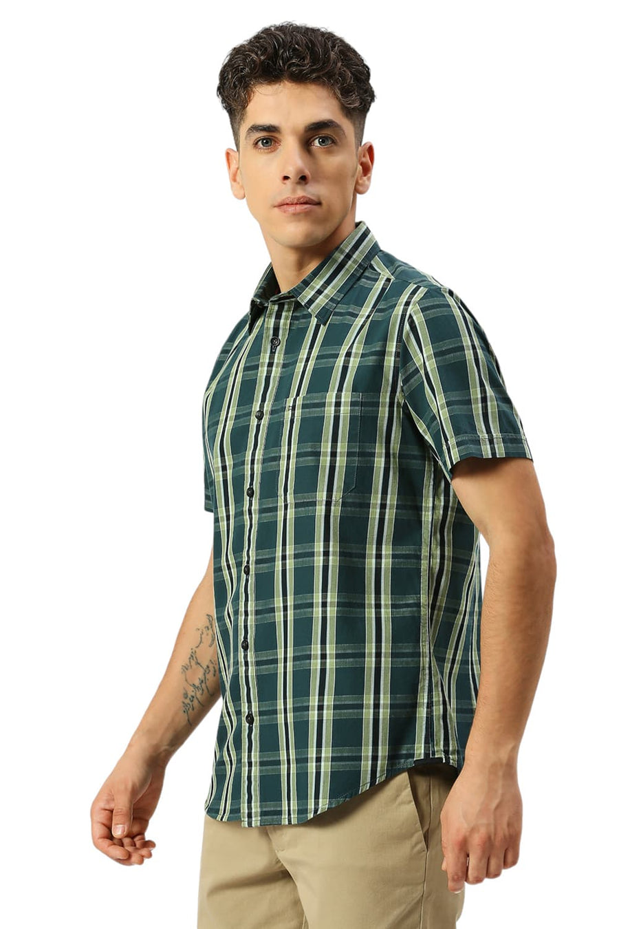 BASICS SLIM FIT PINE GREEN COTTON CAVALRY TWILL CHECKS HALFSLEEVES SHIRT