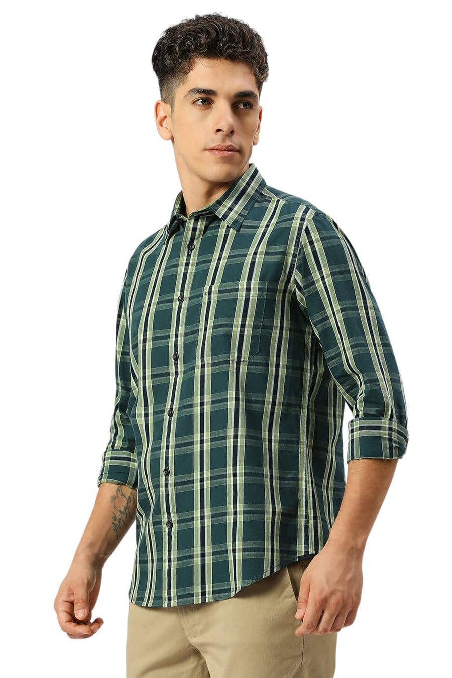 BASICS SLIM FIT PINE GREEN COTTON CAVALRY TWILL CHECKS SHIRT