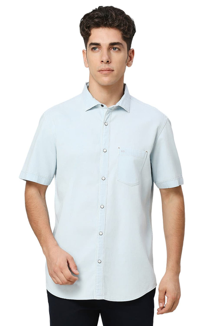 BASICS SLIM FIT MOONLIT BLUE COTTON INDIGO HALFSLEEVES SHIRT