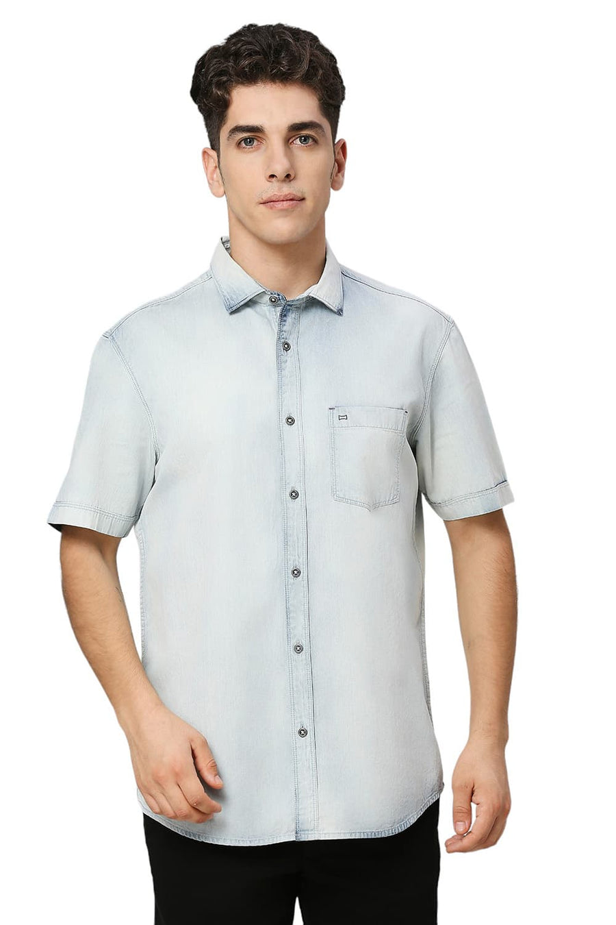BASICS SLIM FIT PAGEANT BLUE COTTON INDIGO HALFSLEEVES SHIRT