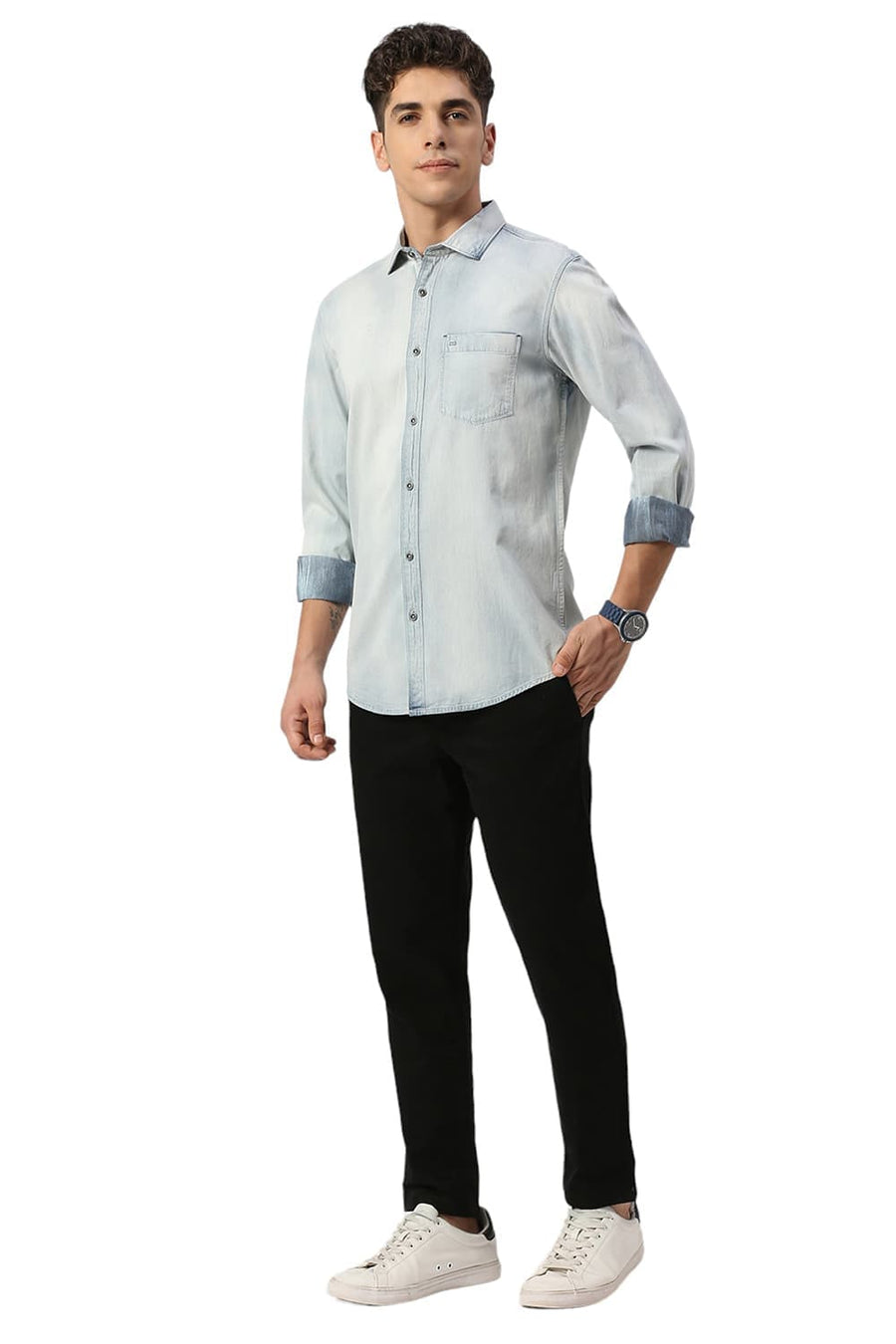 BASICS SLIM FIT PAGEANT BLUE COTTON INDIGO SHIRT