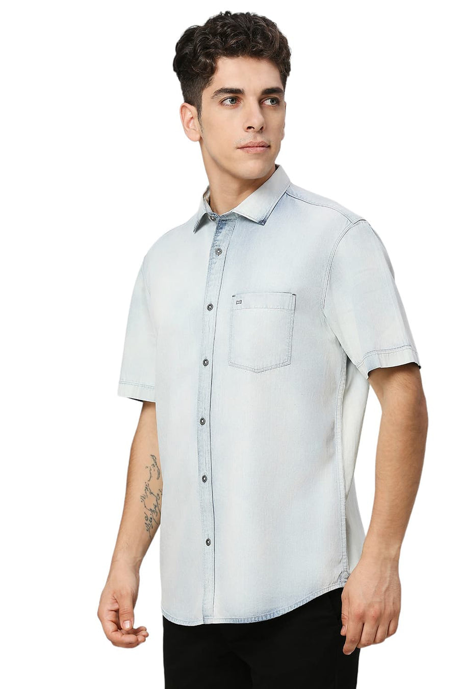 BASICS SLIM FIT PAGEANT BLUE COTTON INDIGO HALFSLEEVES SHIRT