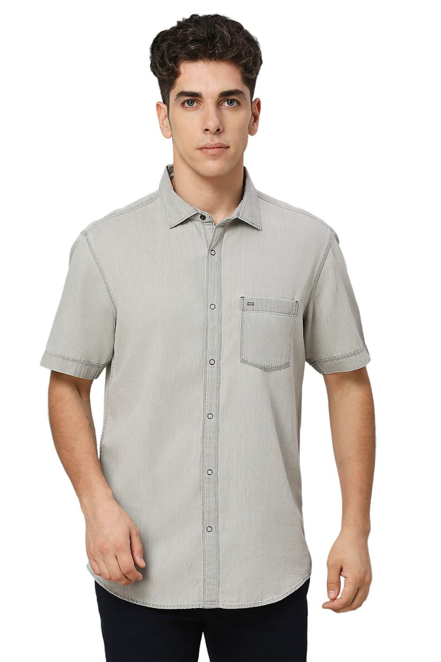 BASICS SLIM FIT ASPHALT BLACK COTTON SULPHUR HALFSLEEVES SHIRT