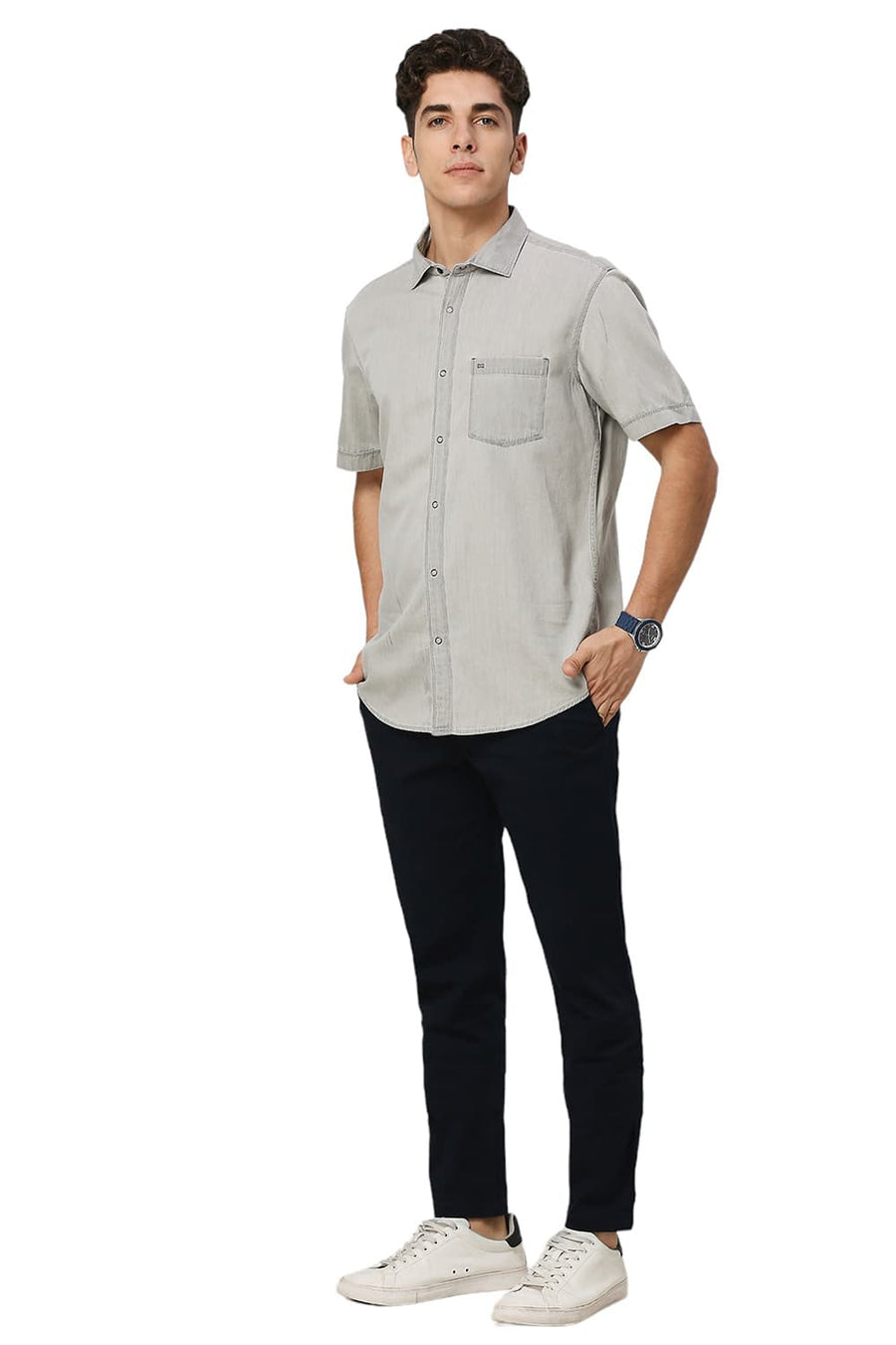 BASICS SLIM FIT ASPHALT BLACK COTTON SULPHUR HALFSLEEVES SHIRT
