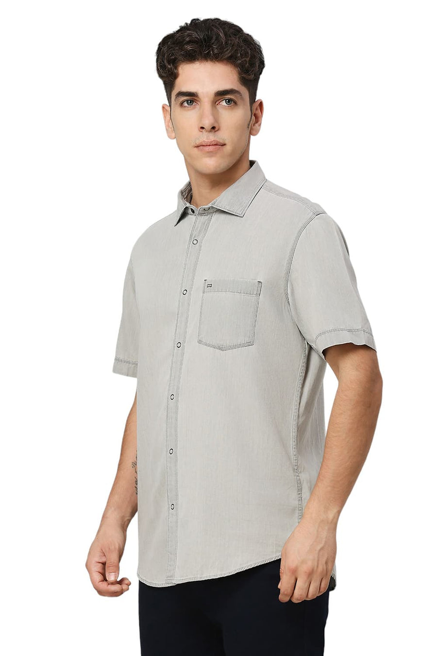 BASICS SLIM FIT ASPHALT BLACK COTTON SULPHUR HALFSLEEVES SHIRT