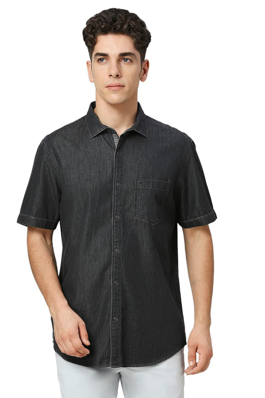 BASICS SLIM FIT MAGNET BLACK COTTON SULPHUR HALFSLEEVES SHIRT