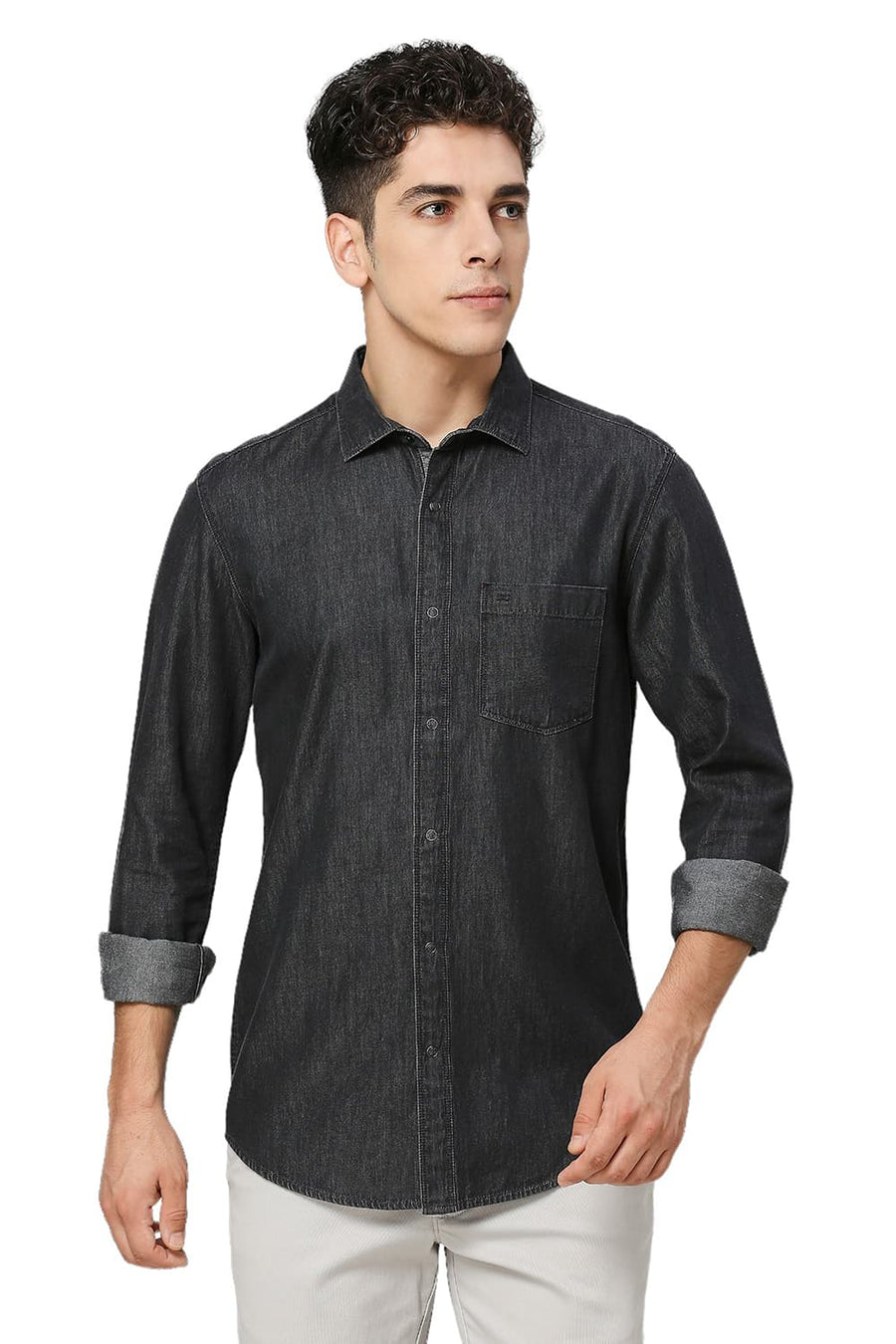 BASICS SLIM FIT MAGNET BLACK COTTON SULPHUR SHIRT