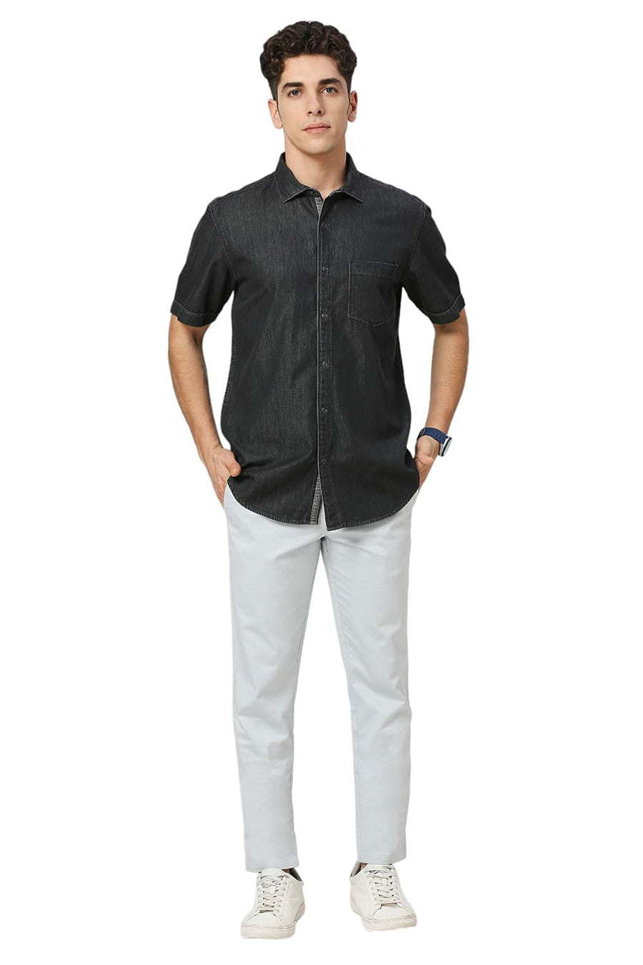 BASICS SLIM FIT MAGNET BLACK COTTON SULPHUR HALFSLEEVES SHIRT