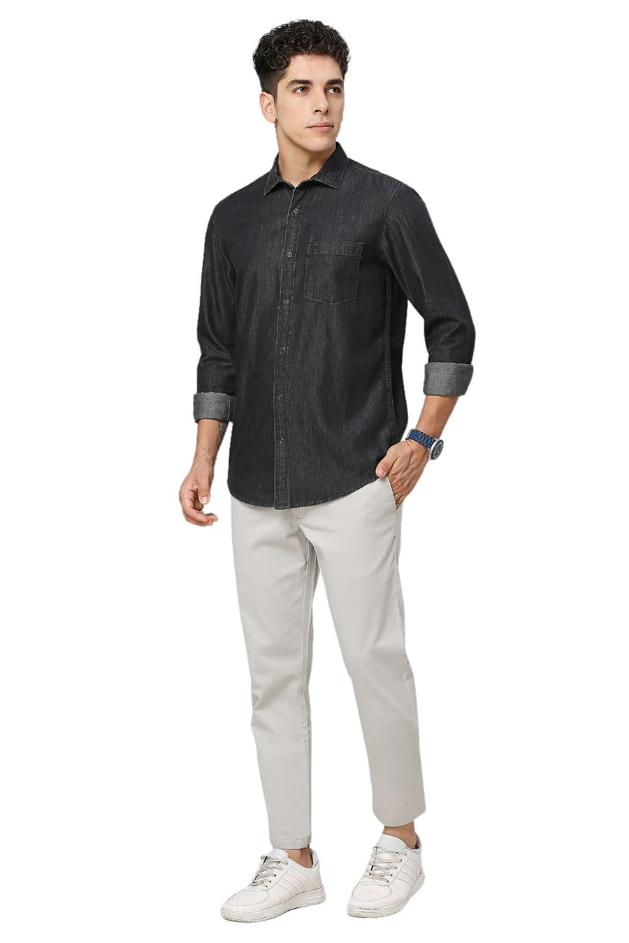 BASICS SLIM FIT MAGNET BLACK COTTON SULPHUR SHIRT