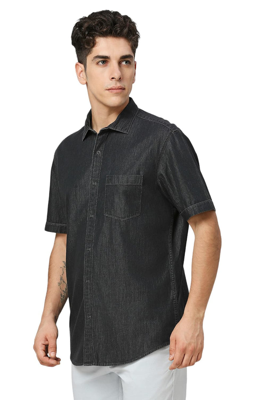 BASICS SLIM FIT MAGNET BLACK COTTON SULPHUR HALFSLEEVES SHIRT