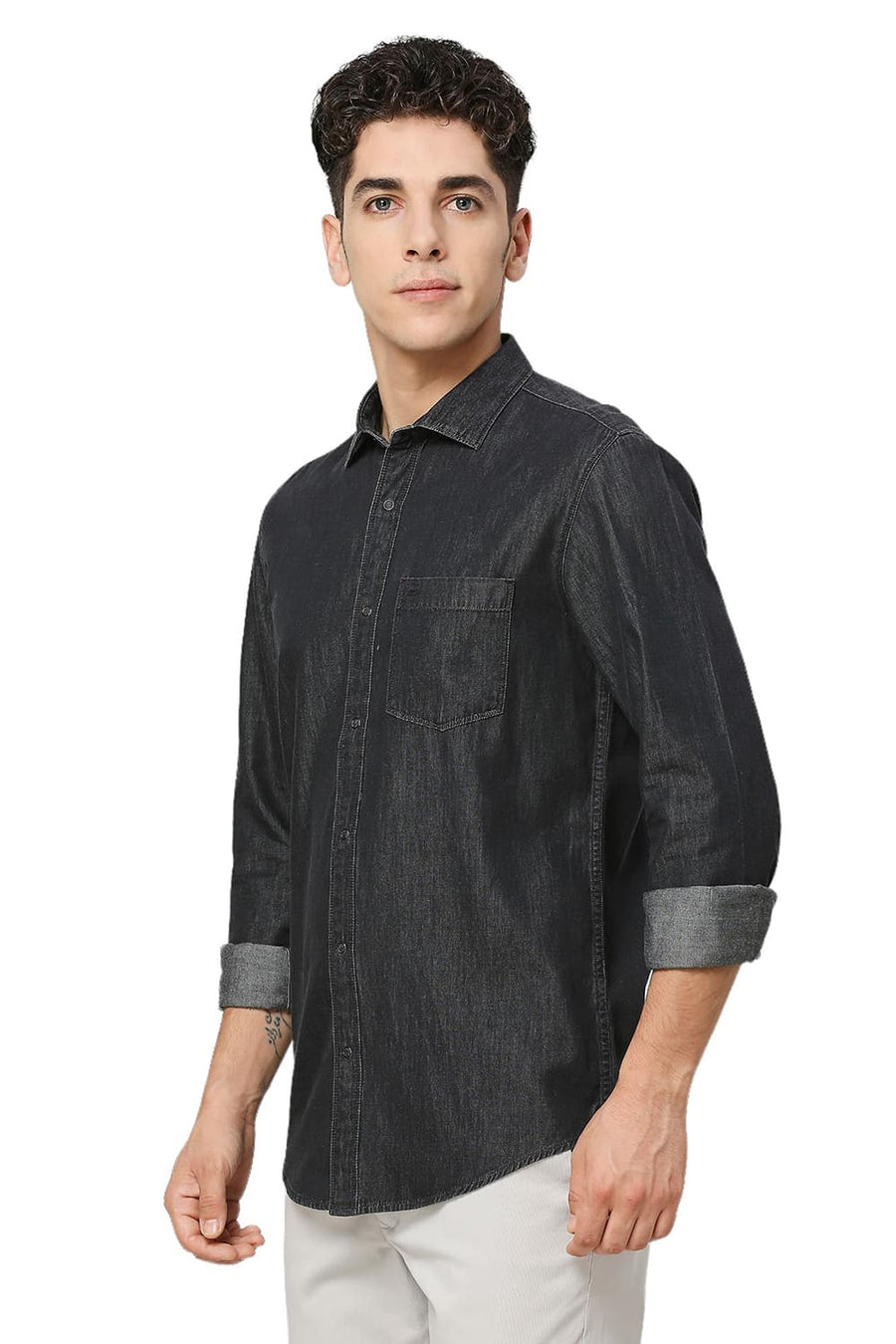 BASICS SLIM FIT MAGNET BLACK COTTON SULPHUR SHIRT