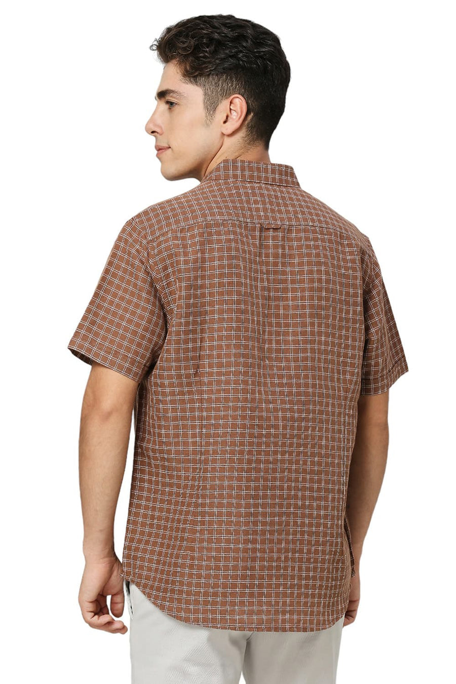 BASICS SLIM FIT TOFFEE BROWN COTTON LINEN CHECKS HALFSLEEVES SHIRT
