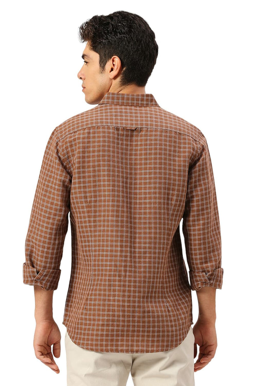 BASICS SLIM FIT TOFFEE BROWN COTTON LINEN CHECKS SHIRT