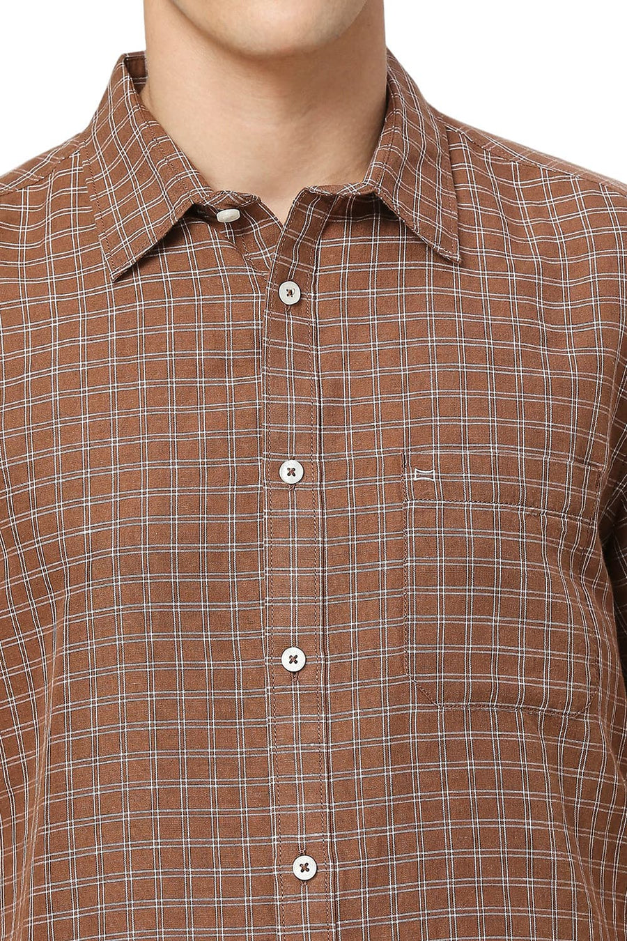 BASICS SLIM FIT TOFFEE BROWN COTTON LINEN CHECKS HALFSLEEVES SHIRT