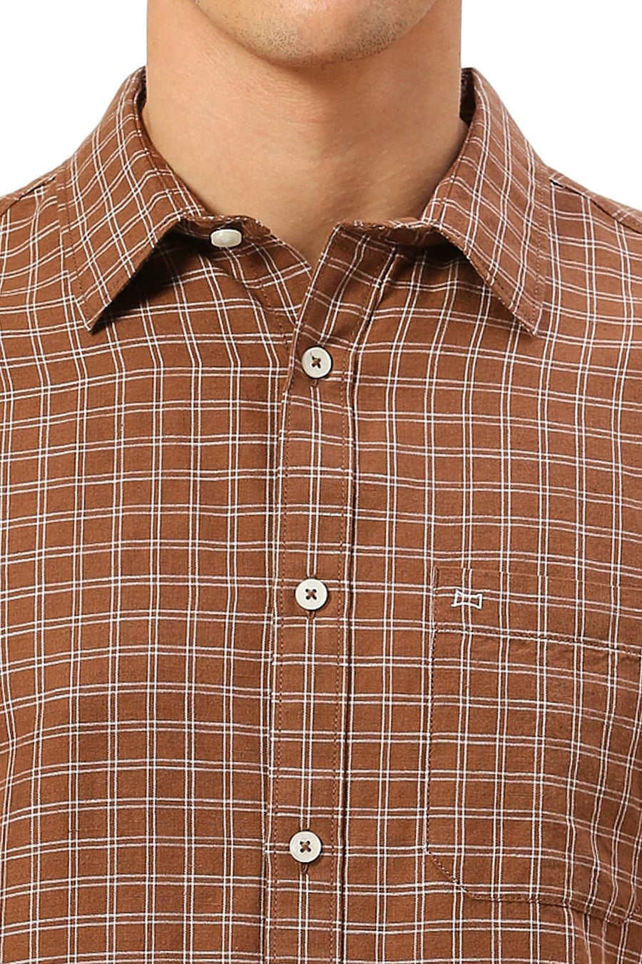 BASICS SLIM FIT TOFFEE BROWN COTTON LINEN CHECKS SHIRT