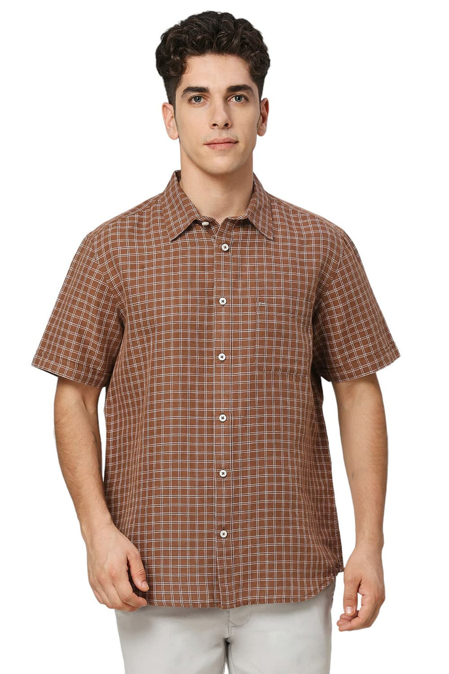 BASICS SLIM FIT TOFFEE BROWN COTTON LINEN CHECKS HALFSLEEVES SHIRT