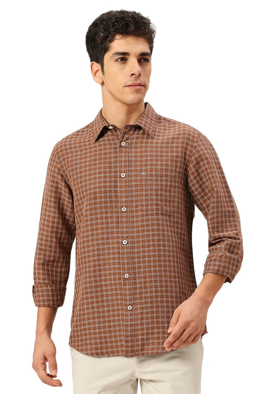 BASICS SLIM FIT TOFFEE BROWN COTTON LINEN CHECKS SHIRT