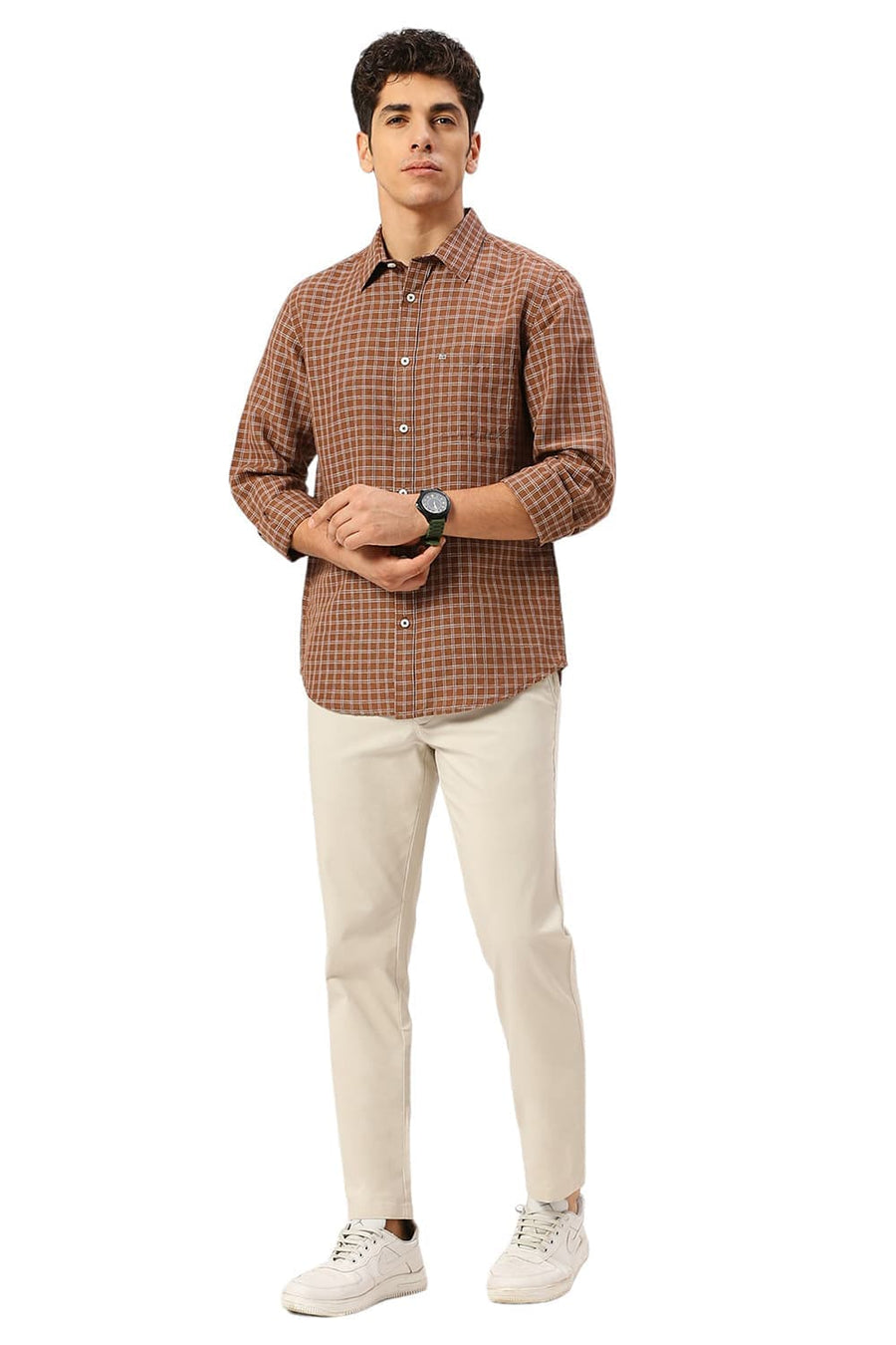 BASICS SLIM FIT TOFFEE BROWN COTTON LINEN CHECKS SHIRT