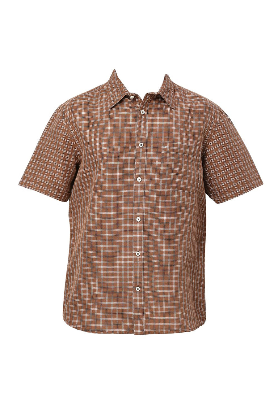 BASICS SLIM FIT TOFFEE BROWN COTTON LINEN CHECKS HALFSLEEVES SHIRT