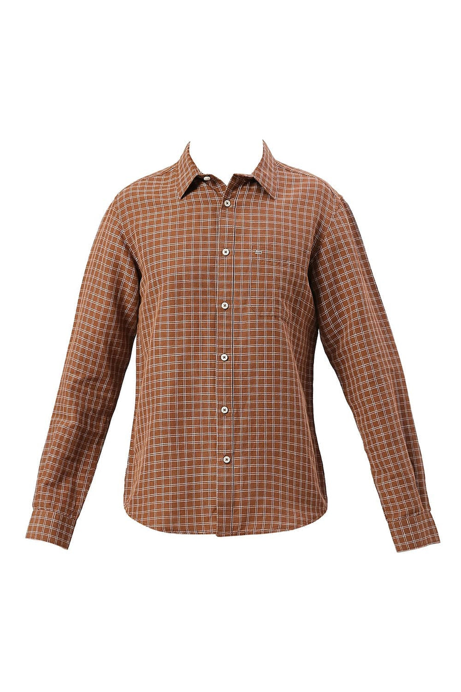 BASICS SLIM FIT TOFFEE BROWN COTTON LINEN CHECKS SHIRT