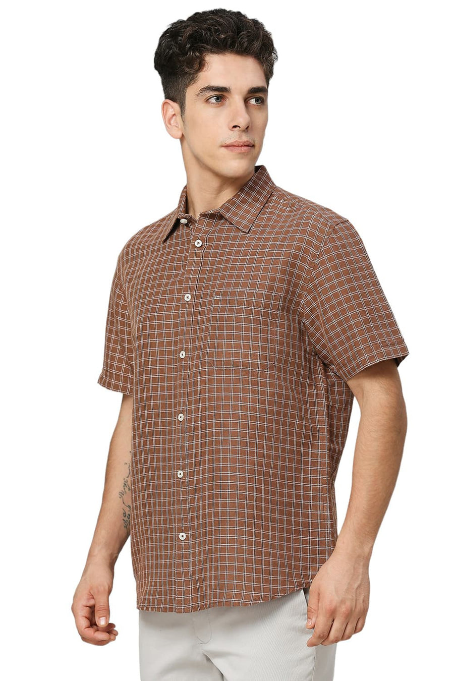 BASICS SLIM FIT TOFFEE BROWN COTTON LINEN CHECKS HALFSLEEVES SHIRT