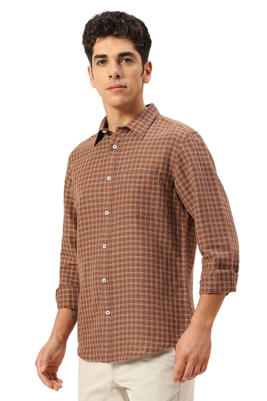 BASICS SLIM FIT TOFFEE BROWN COTTON LINEN CHECKS SHIRT