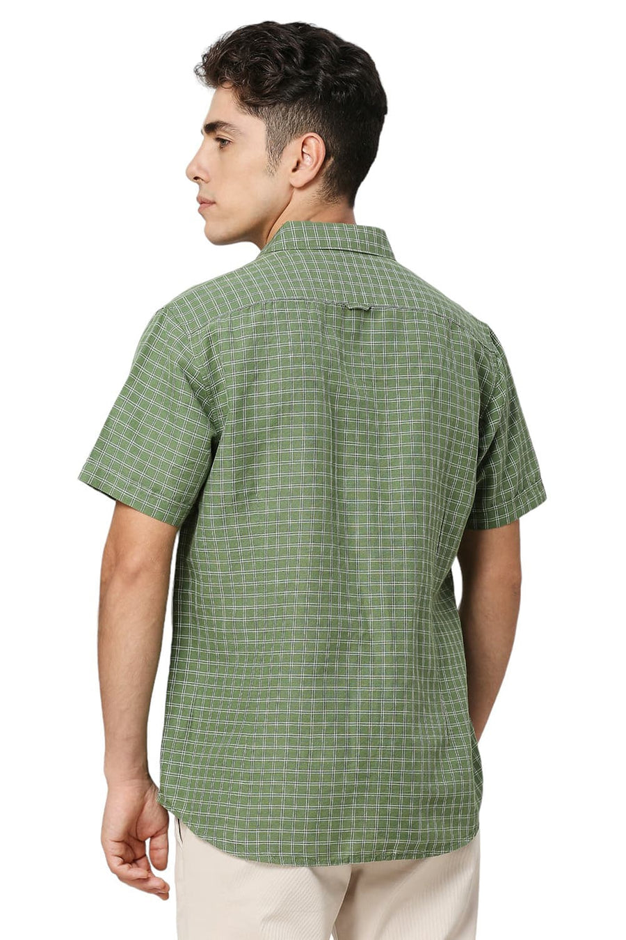 BASICS SLIM FIT WILLOW GREEN COTTON LINEN CHECKS HALFSLEEVES SHIRT