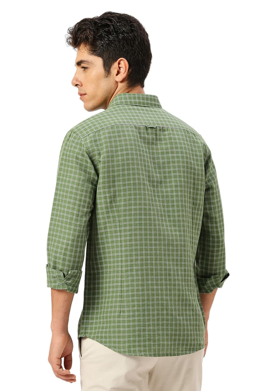 BASICS SLIM FIT WILLOW GREEN COTTON LINEN CHECKS SHIRT