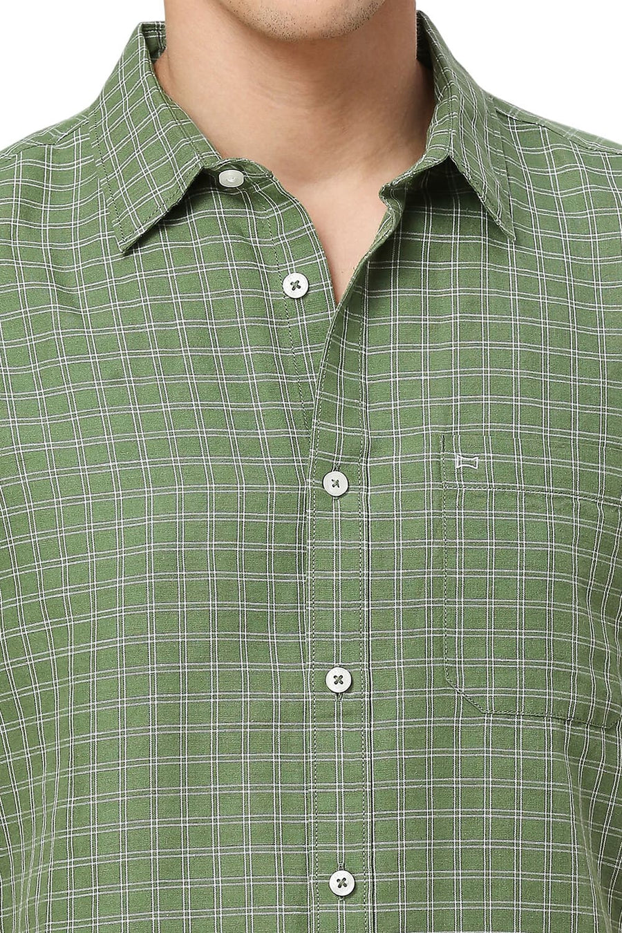 BASICS SLIM FIT WILLOW GREEN COTTON LINEN CHECKS HALFSLEEVES SHIRT