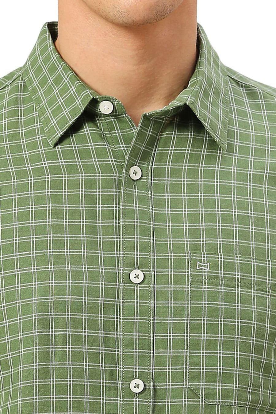 BASICS SLIM FIT WILLOW GREEN COTTON LINEN CHECKS SHIRT