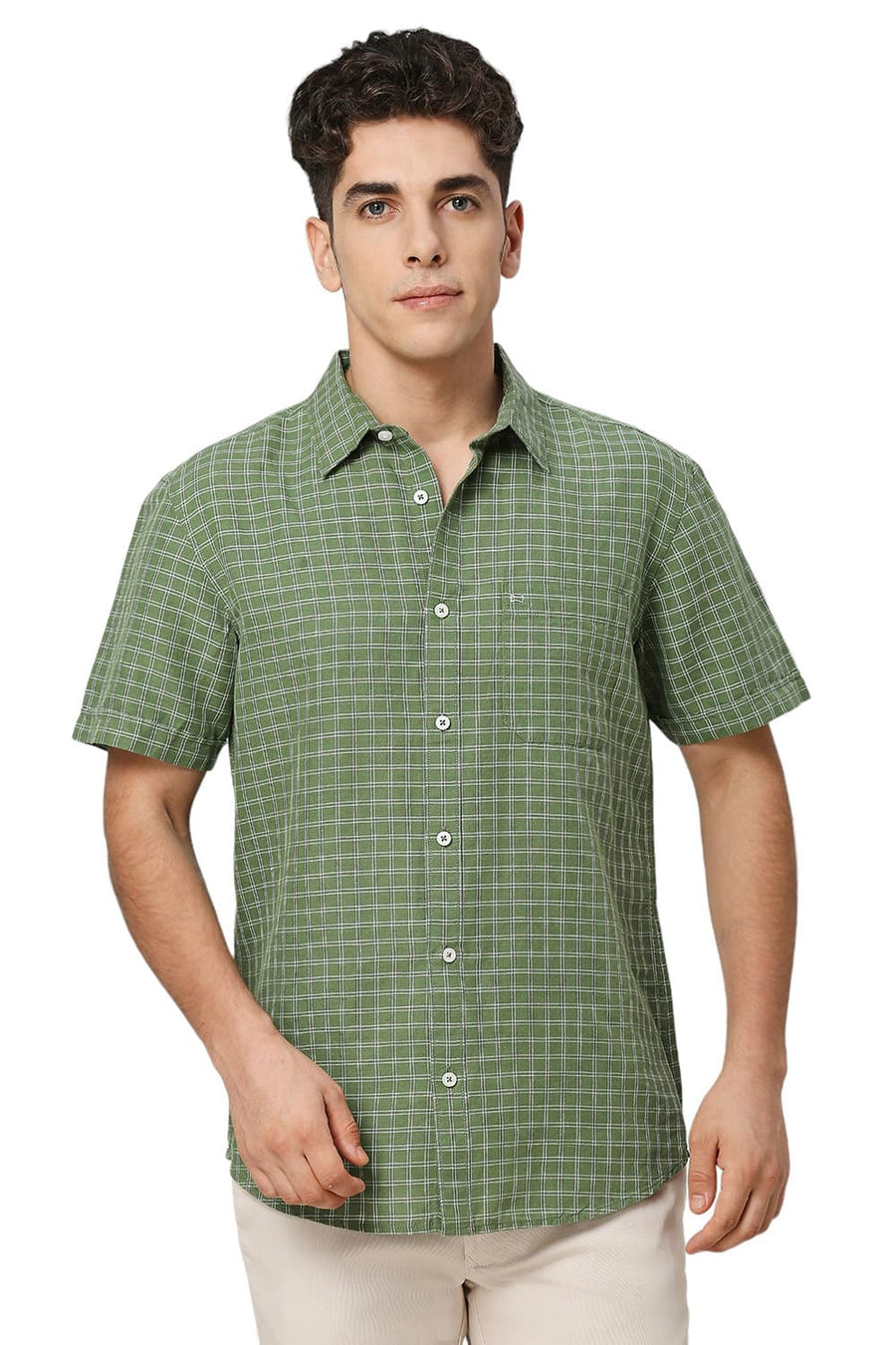 BASICS SLIM FIT WILLOW GREEN COTTON LINEN CHECKS HALFSLEEVES SHIRT