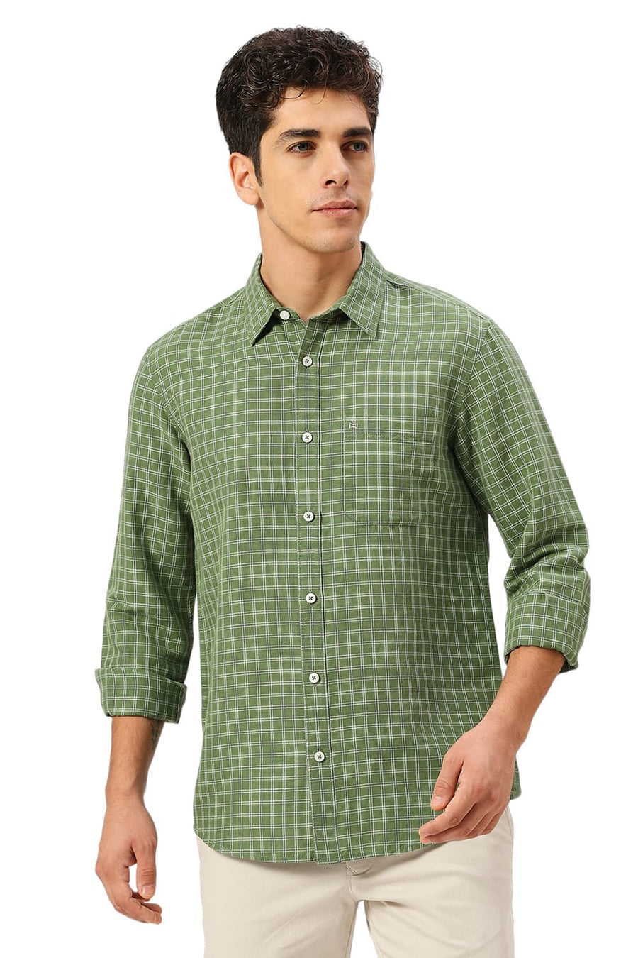 BASICS SLIM FIT WILLOW GREEN COTTON LINEN CHECKS SHIRT
