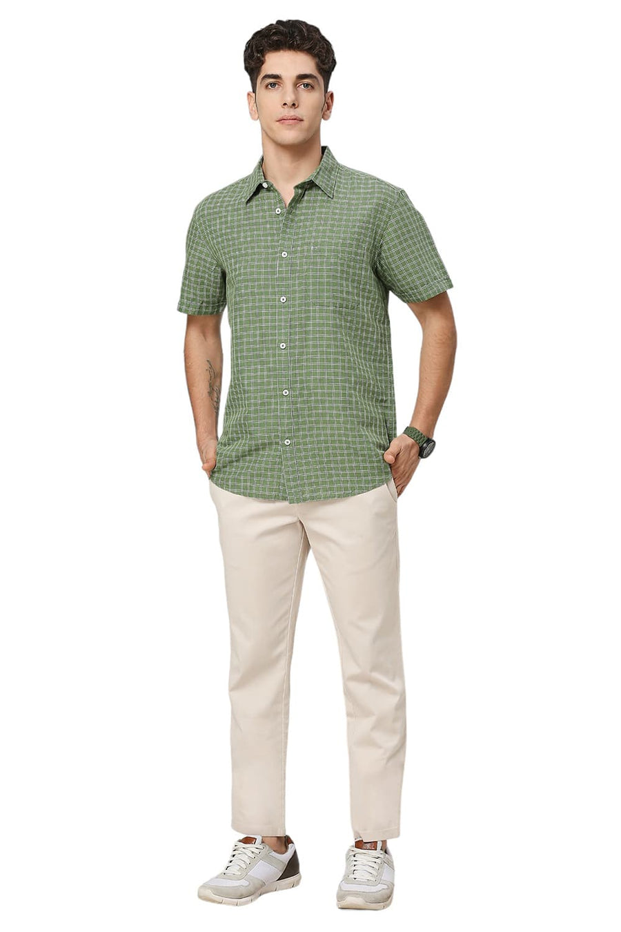 BASICS SLIM FIT WILLOW GREEN COTTON LINEN CHECKS HALFSLEEVES SHIRT