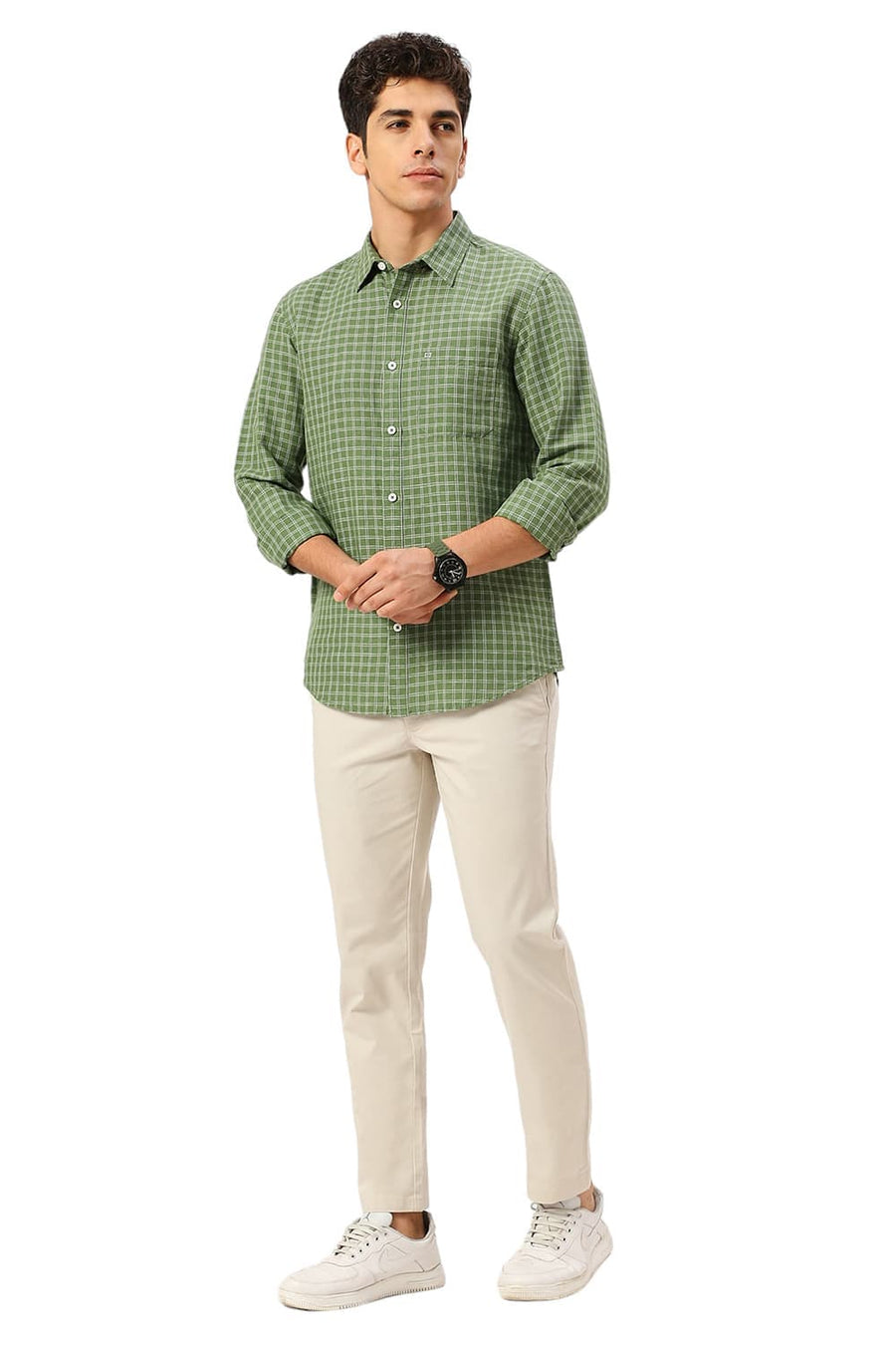 BASICS SLIM FIT WILLOW GREEN COTTON LINEN CHECKS SHIRT