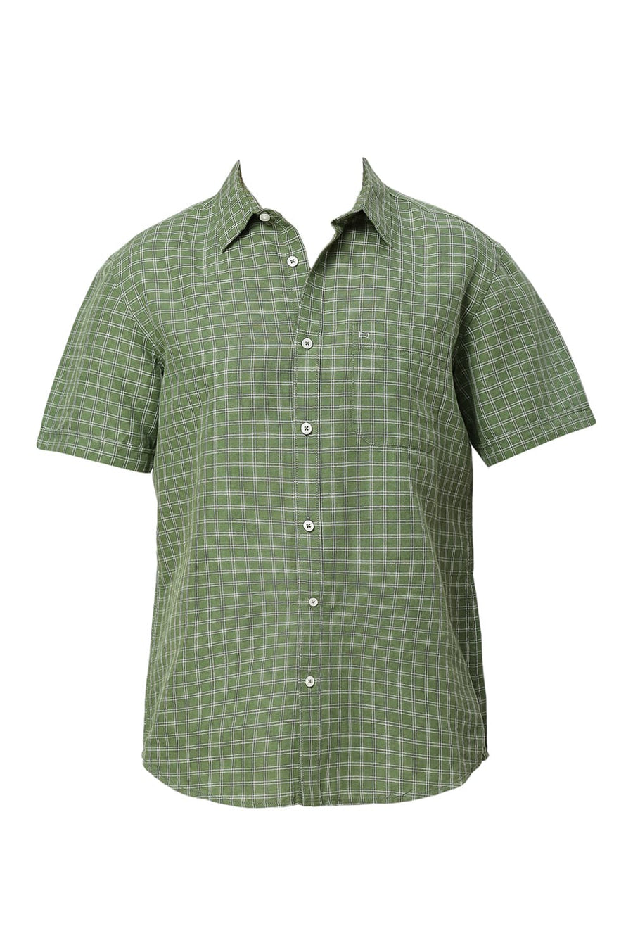 BASICS SLIM FIT WILLOW GREEN COTTON LINEN CHECKS HALFSLEEVES SHIRT