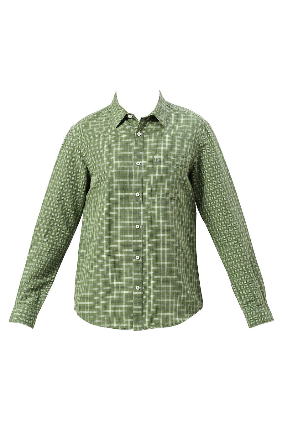 BASICS SLIM FIT WILLOW GREEN COTTON LINEN CHECKS SHIRT