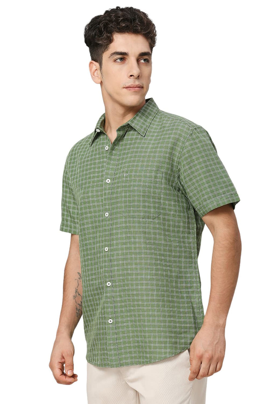 BASICS SLIM FIT WILLOW GREEN COTTON LINEN CHECKS HALFSLEEVES SHIRT