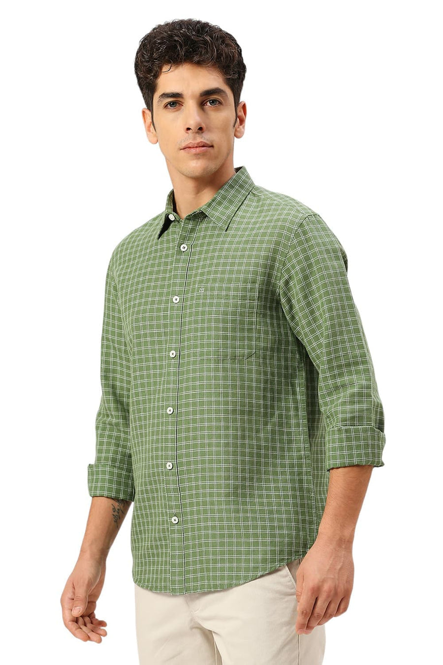 BASICS SLIM FIT WILLOW GREEN COTTON LINEN CHECKS SHIRT