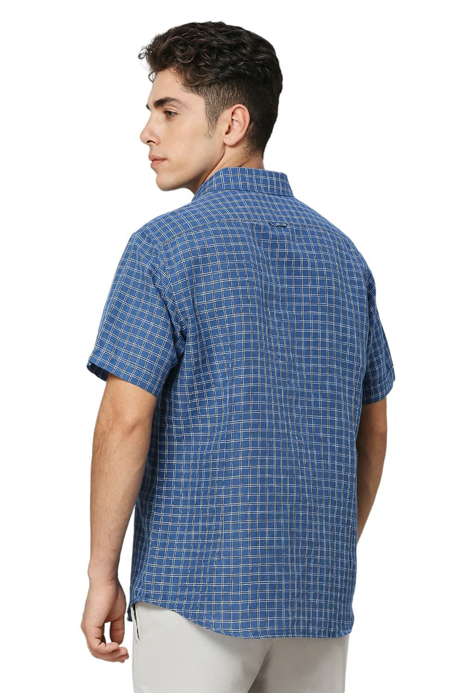 BASICS SLIM FIT VALLARTA BLUE COTTON LINEN CHECKS HALFSLEEVES SHIRT